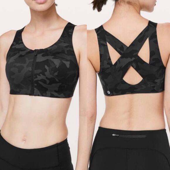 LULULEMON ATHLETICA | Enlite Bra Zip Front Incognito Camo Black gray | Size 36DD - Picture 1 of 8